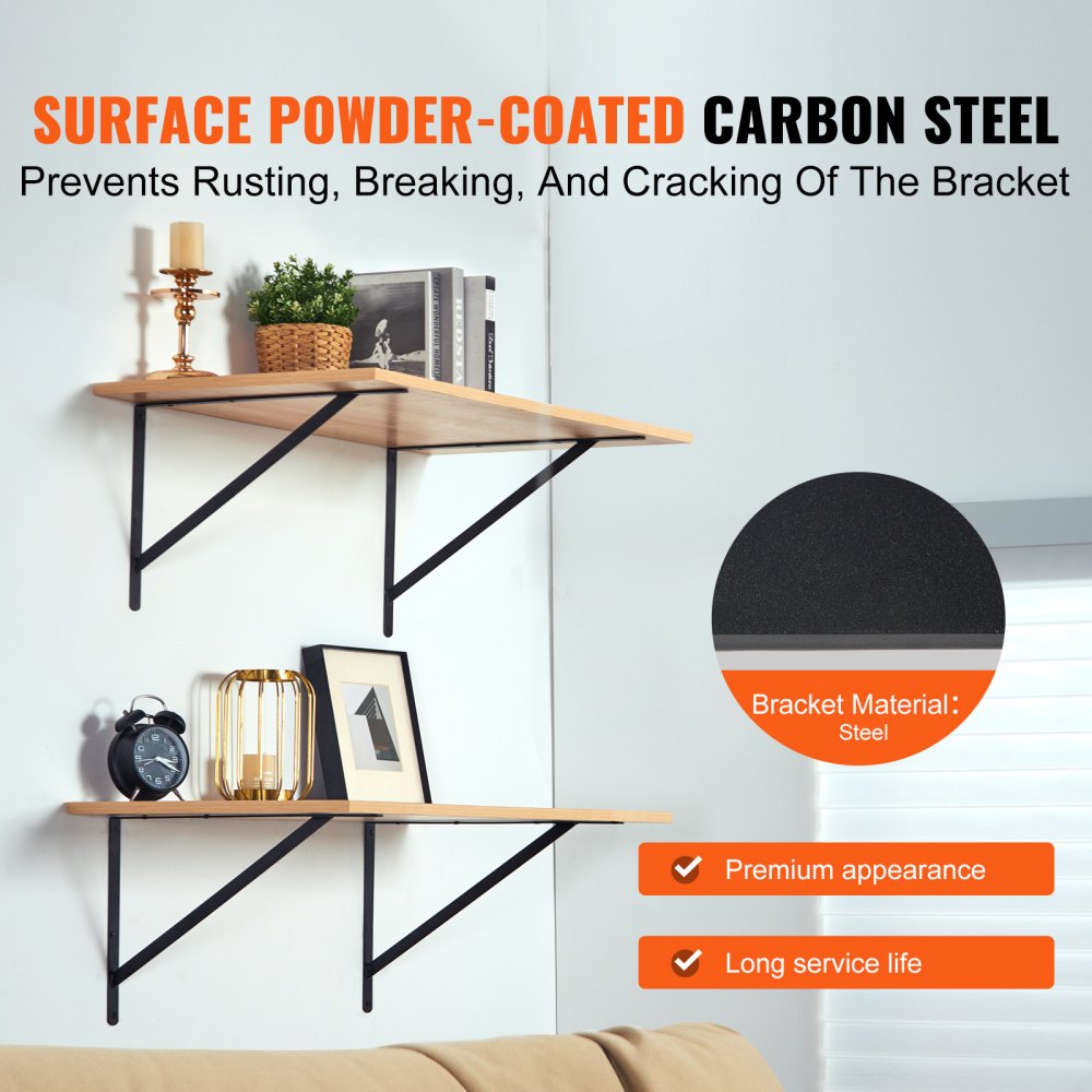 VEVOR Shelf Bracket, 12 x 8 in 10 Pcs, Heavy Duty Floating Shelf Brackets, Brackets for Shelves, 3mm Thick Matte Black Triangle Shelf Bracket,Steel Shelving Brackets with 160 lbs Load Capacity