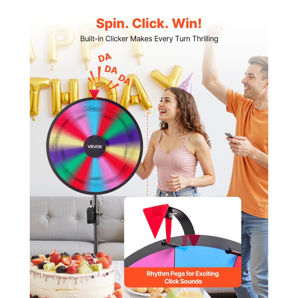 VEVOR 24 in Spinning Prize Wheel, 14 Slots Spinning Wheel with Tripod, Adjustable Height Win Fortune Roulette with a Dry Erase and 2 Markers, 6 Colors, Easy Assembly, for Party Pub Trade Show Carnival