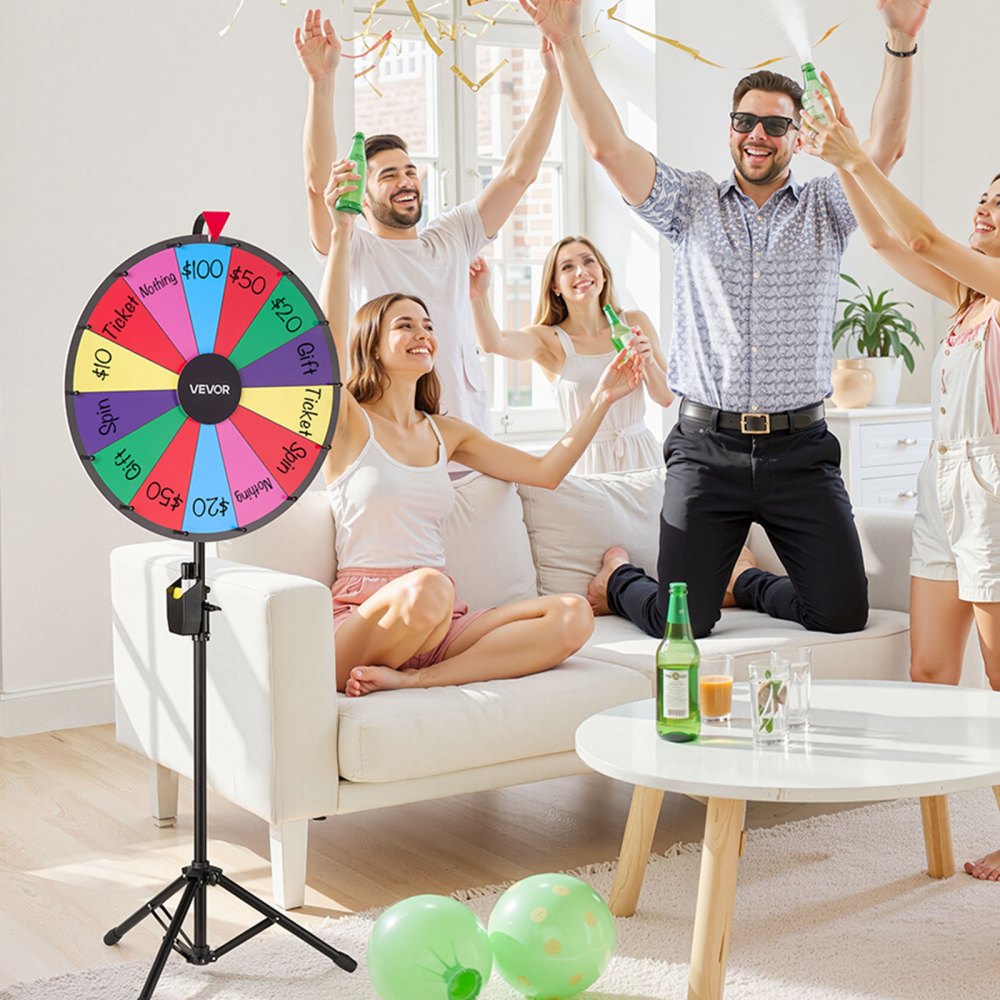 VEVOR 24 in Spinning Prize Wheel, 14 Slots Spinning Wheel with Tripod, Adjustable Height Win Fortune Roulette with a Dry Erase and 2 Markers, 6 Colors, Easy Assembly, for Party Pub Trade Show Carnival