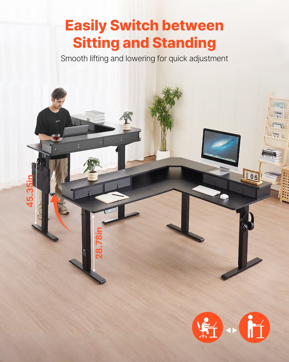VEVOR electric L-shaped standing desk in room scene (sitting/standing)