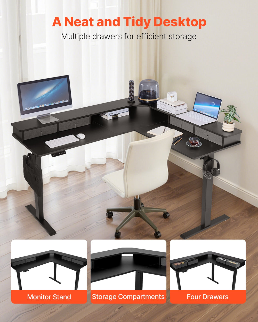 VEVOR L-shaped desk storage drawers and tidy desktop