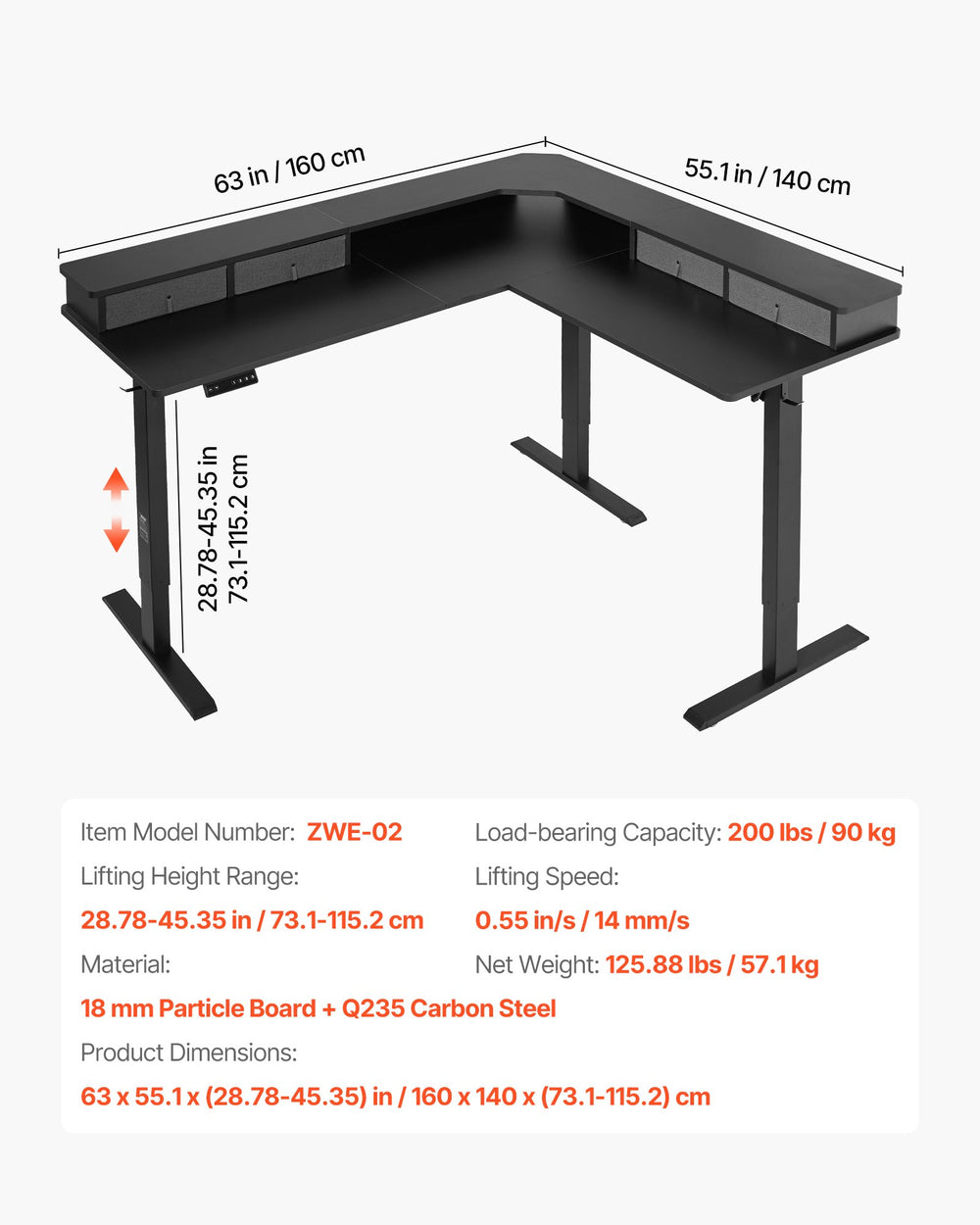 VEVOR L-shaped desk dimensions and key specifications graphic