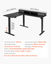 VEVOR L-shaped electric desk - overall dimensions and specifications graphic