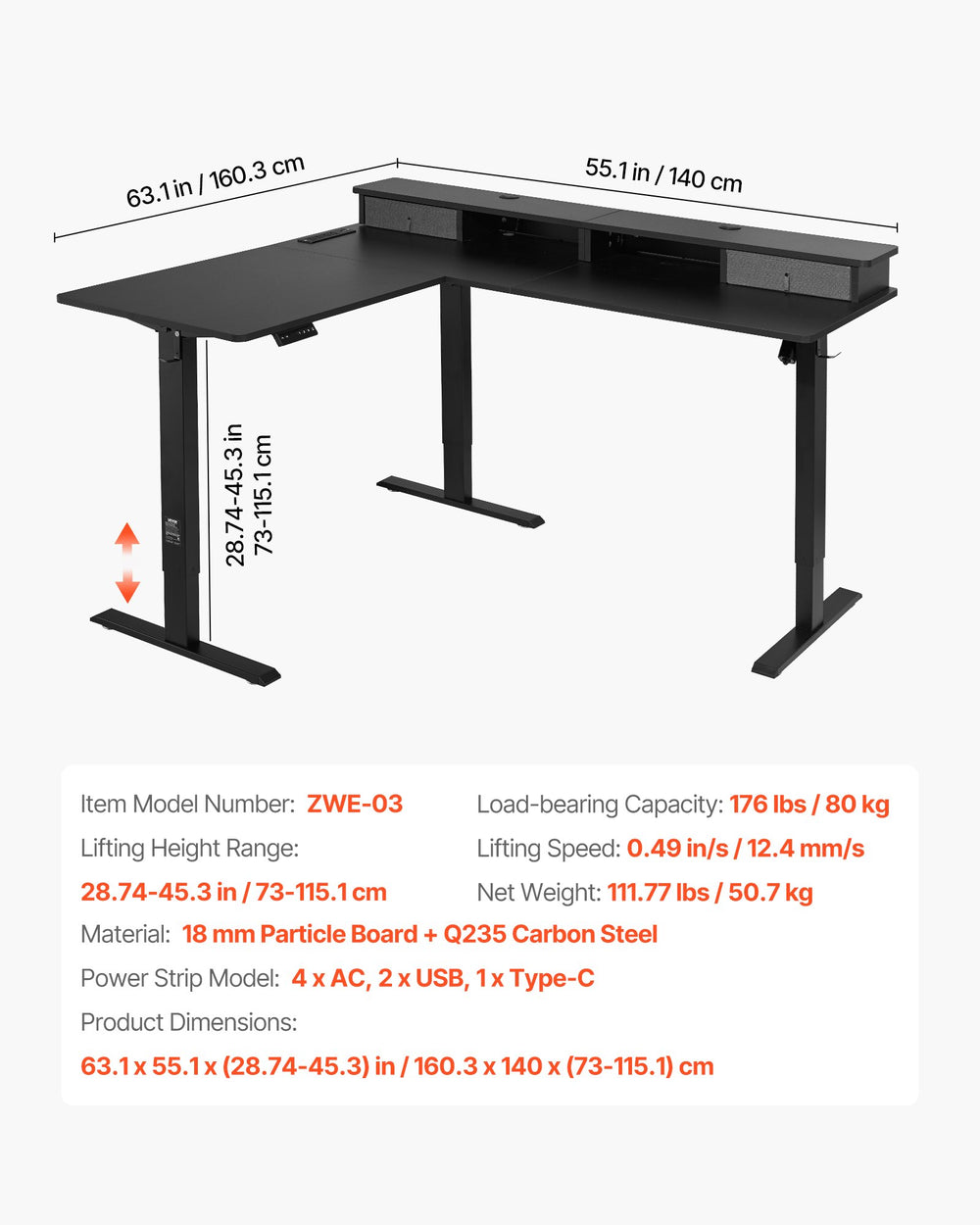 VEVOR L-shaped electric desk - overall dimensions and specifications graphic