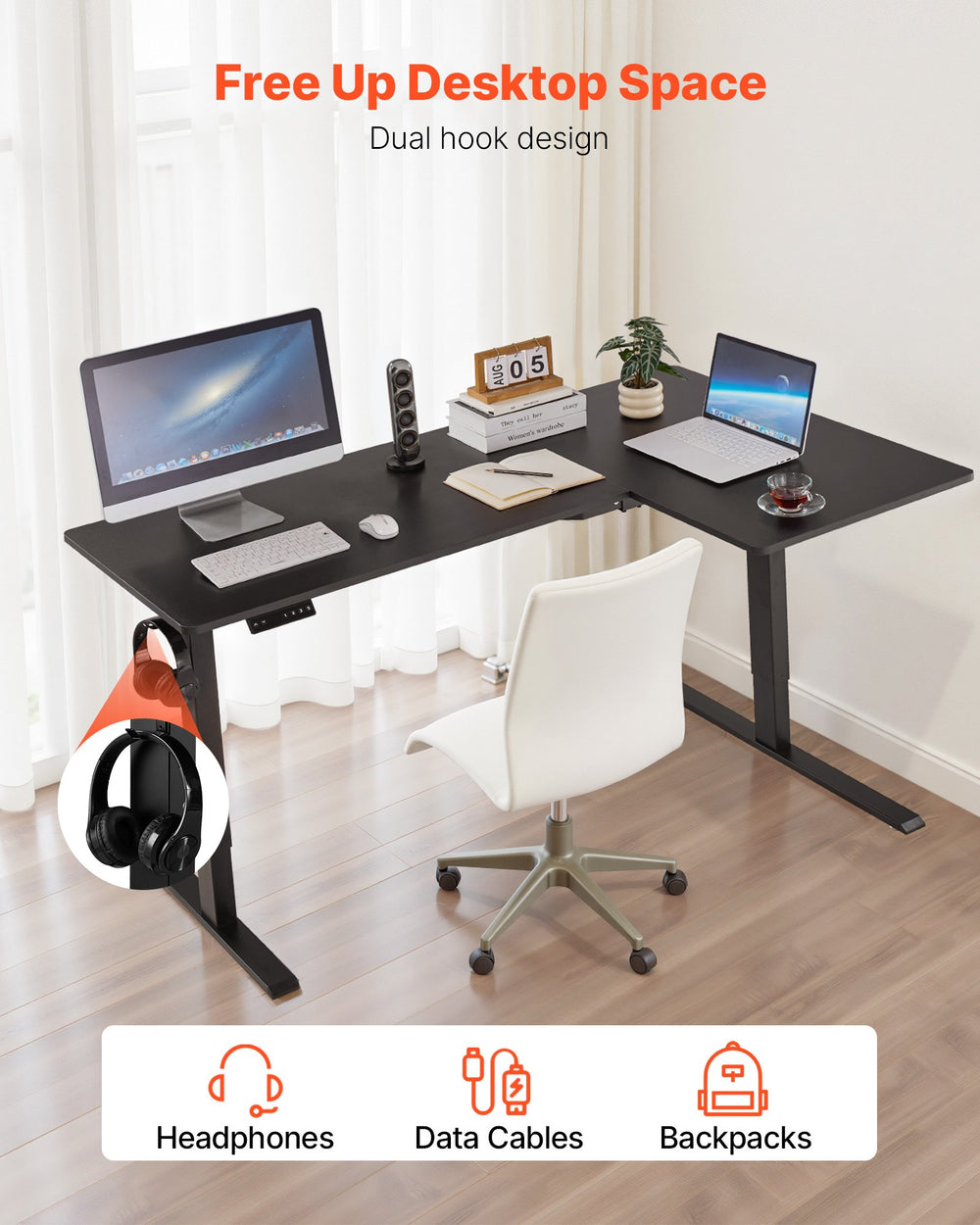VEVOR dual hook design for headphones and bags - organized corner desk