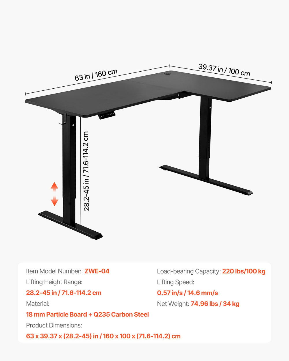 VEVOR L-shaped desk dimensions and key specifications graphic