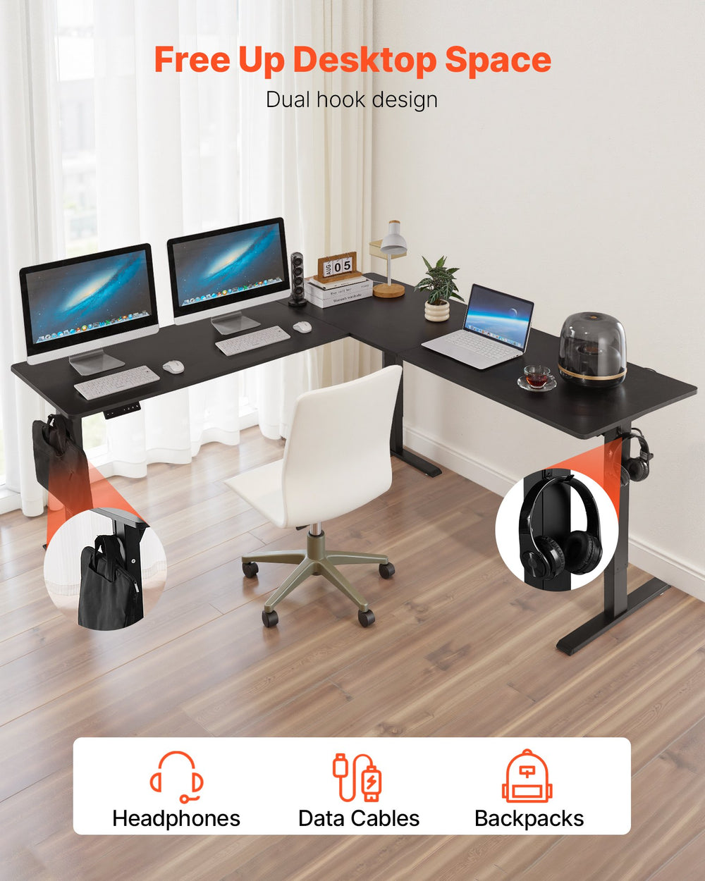 VEVOR corner desk - dual hook design for headphones, cables, and bags