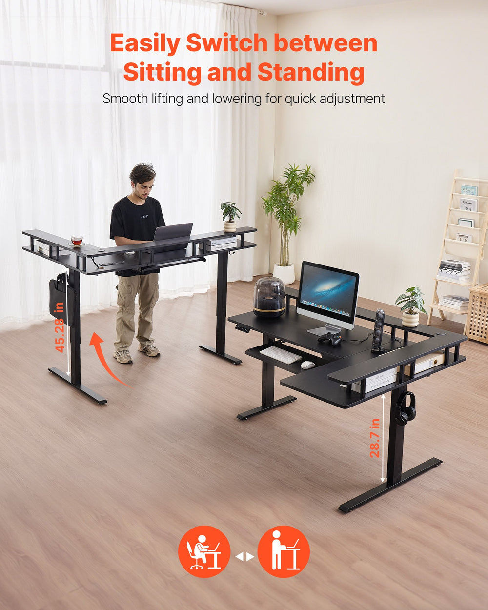 VEVOR L Shaped Desk, Electric Adjustable Height Corner Gaming Desk with Keyboard Tray and Dual Hooks, Heavy Duty L-Shaped Computer Table with Light Strip for Home Office, Easy to Assemble, Black - Image 2