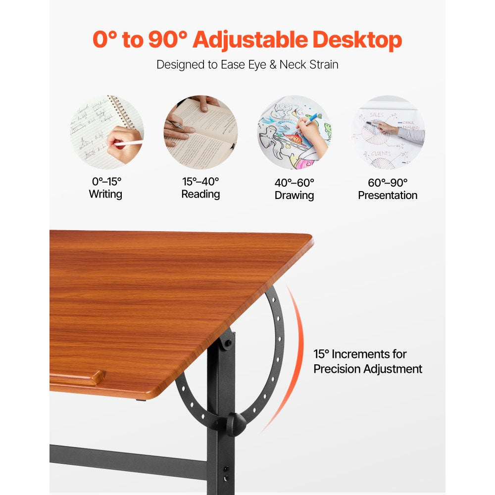 VEVOR Drafting Table, Adjustable 0°–90° Tilt Drawing Desk, Portable Artist Table with Black H-Frame and Brown Desktop, Wooden Painting Desk Craft Workstation for Reading, Writing, Crafting, Meeting