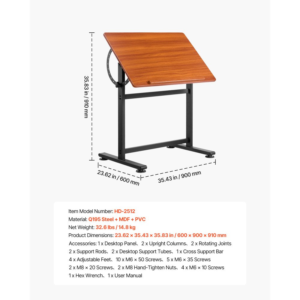 VEVOR Drafting Table, Adjustable 0°–90° Tilt Drawing Desk, Portable Artist Table with Black H-Frame and Brown Desktop, Wooden Painting Desk Craft Workstation for Reading, Writing, Crafting, Meeting