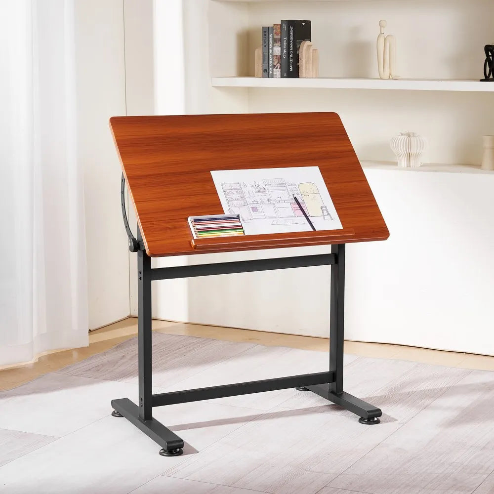 VEVOR Drafting Table, Adjustable 0°–90° Tilt Drawing Desk, Portable Artist Table with Black H-Frame and Brown Desktop, Wooden Painting Desk Craft Workstation for Reading, Writing, Crafting, Meeting