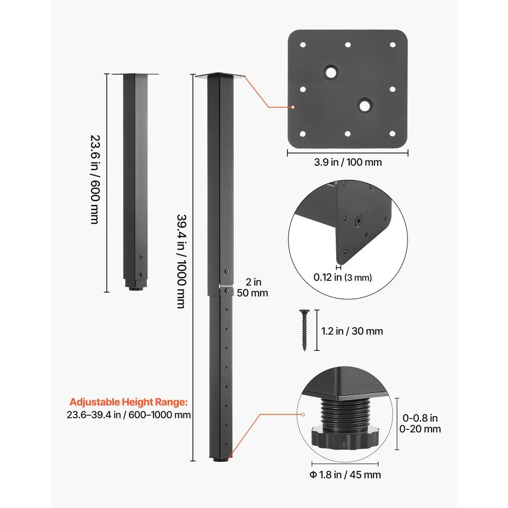 VEVOR Adjustable Table Legs, 24-40 in Square Steel Furniture Legs, 1200 lbs Max Load Heavy Duty, Quick Installation, Ideal for Home Office Desk DIY, Coffee Dinner Bar Tables, Workbenches, 4 PCS, Black