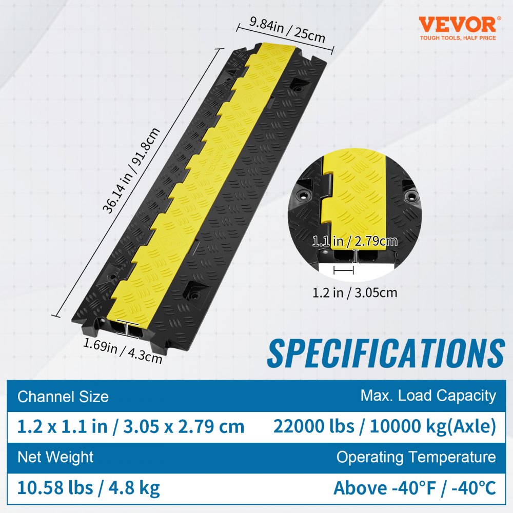 VEVOR Cable Protector Ramp, 2 Channel, 22000 lbs/axle Capacity Heavy Duty TPU Wire Cord Cover Ramp Hose Protector Ramp Driveway, Traffic Speed Bump with TPR Flip-Open Top Cover, for Indoor & Outdoor