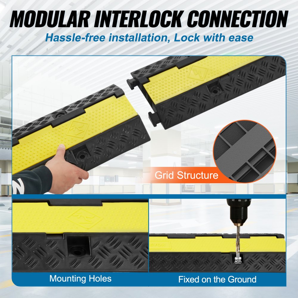 VEVOR 5-Piece Rubber Cable Guard, Dual Channel, 12000 lbs per Axle Load Capacity, Durable Hose & Wire Protection Ramp for Driveways, with Easy Access Top & 50 ft Caution Tape for Both Indoor & Outd