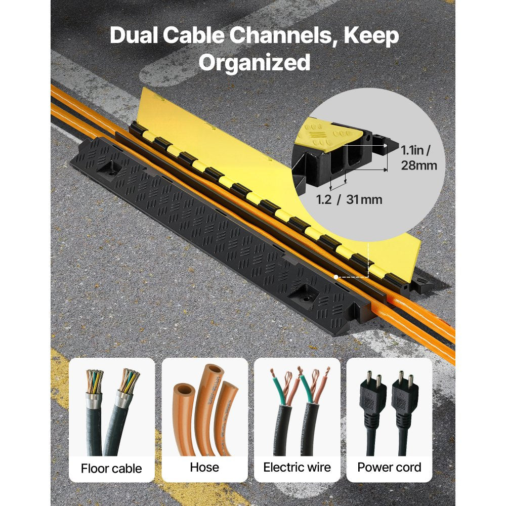 VEVOR Cable Protector Ramp, 22,000 lbs/axle Capacity, 2 Channel Heavy Duty TPU Cord Hose Wire Cover, 1.2 x 1.1 in Channel, Traffic Speed Bump with Flip-Open Top Cover, for Indoor Outdoor Use, 3 Pack