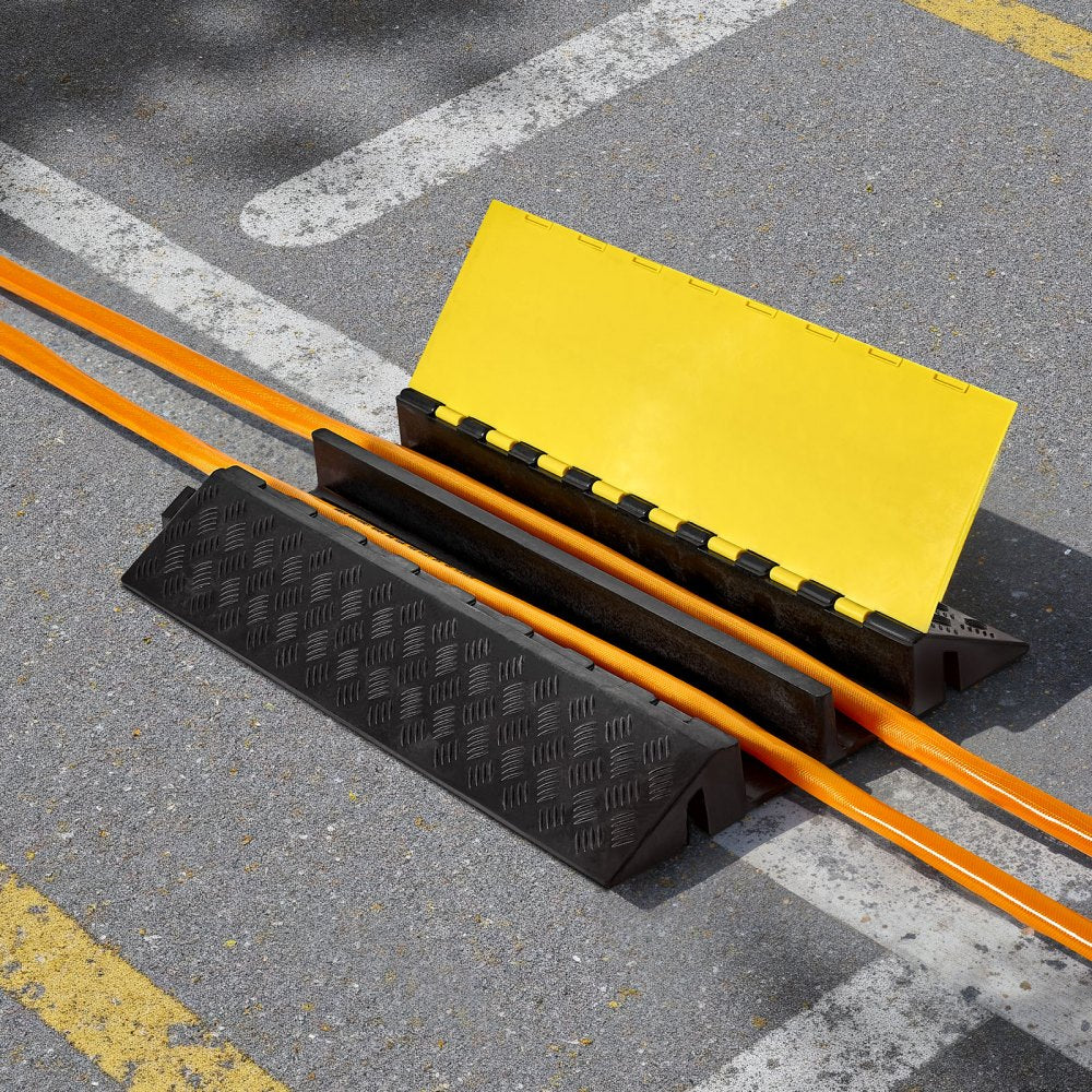VEVOR Cable Protector Ramp, 22,000 lbs/axle Capacity, 2 Channel Heavy Duty Rubber Cord Hose Wire Cover, 4 x 3 in Channel, Traffic Speed Bump with Flip-Open Top Cover, for Indoor Outdoor Use, 1 Pack