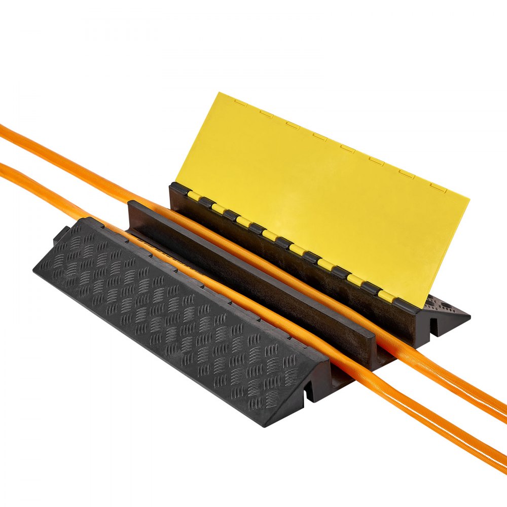 VEVOR Cable Protector Ramp, 22,000 lbs/axle Capacity, 2 Channel Heavy Duty Rubber Cord Hose Wire Cover, 4 x 3 in Channel, Traffic Speed Bump with Flip-Open Top Cover, for Indoor Outdoor Use, 1 Pack