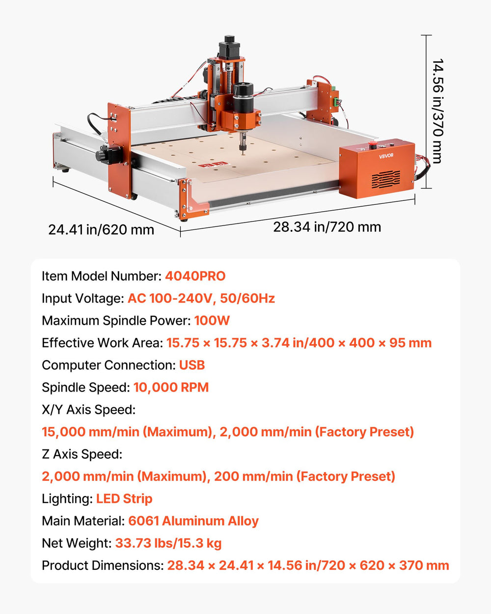 VEVOR CNC Router Machine, 100W Spindle, 3-Axis Wood Engraving Milling Machine, with 15.75 x 15.75 x 3.74 in Working Area, Linear Rail, Aluminum Alloy Structure, for Wood Acrylic Carving Cutting