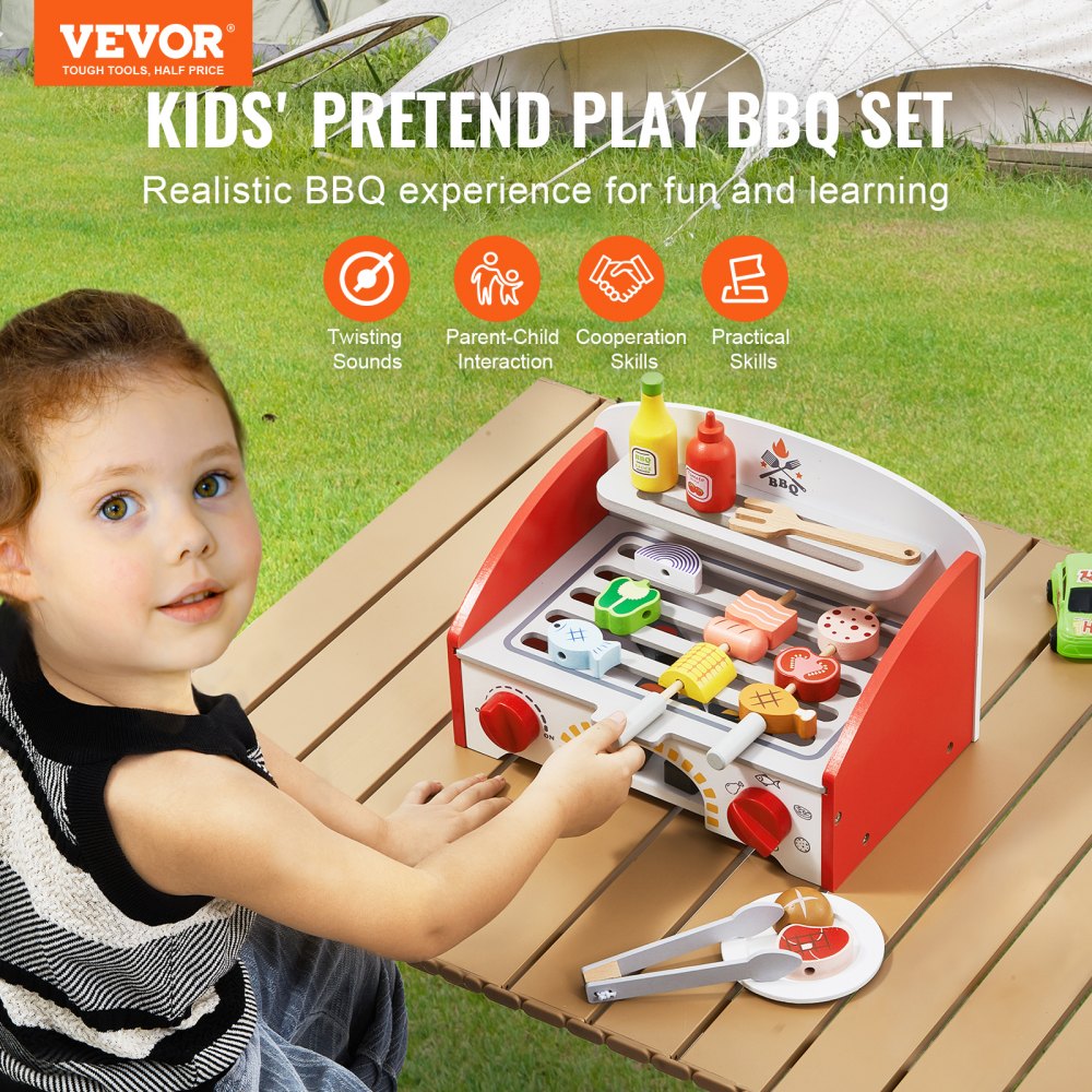 VEVOR Kids BBQ Grill Playset, Wooden Grill Playset With Realistic Carbon Fire, Wooden Play Food Kitchen Accessory (26 PCS), Indoor/Outdoor Interactive Pretend Play Toys for Boys Girls Ages 3+ Gift