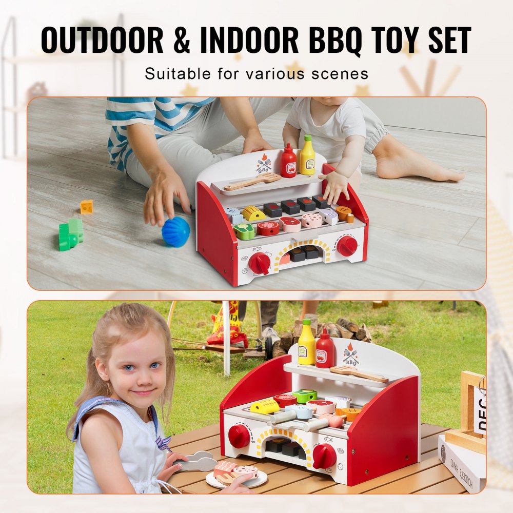 VEVOR Kids BBQ Grill Playset, Wooden Grill Playset With Realistic Carbon Fire, Wooden Play Food Kitchen Accessory (26 PCS), Indoor/Outdoor Interactive Pretend Play Toys for Boys Girls Ages 3+ Gift