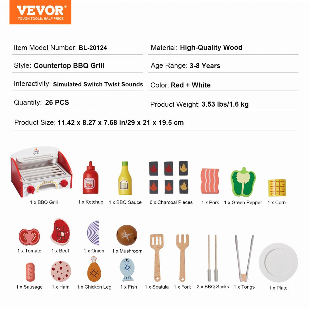 VEVOR Kids BBQ Grill Playset, Wooden Grill Playset With Realistic Carbon Fire, Wooden Play Food Kitchen Accessory (26 PCS), Indoor/Outdoor Interactive Pretend Play Toys for Boys Girls Ages 3+ Gift