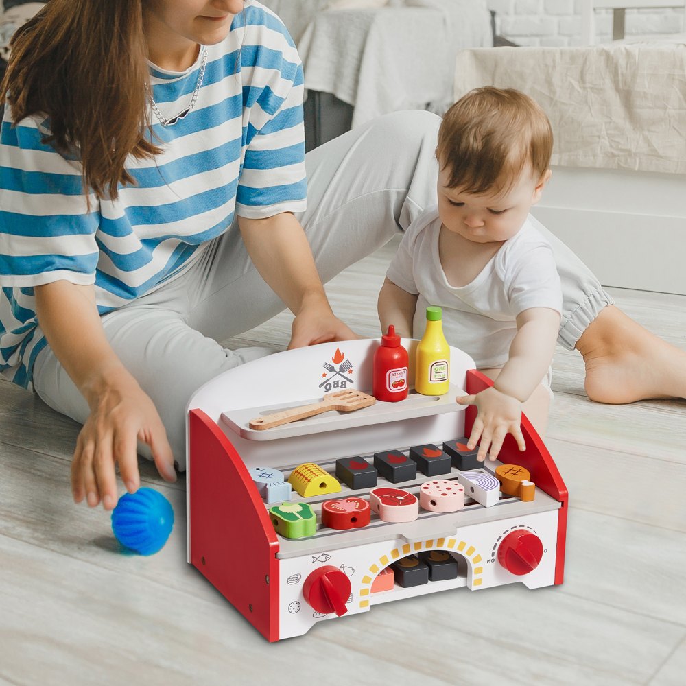 VEVOR Kids BBQ Grill Playset, Wooden Grill Playset With Realistic Carbon Fire, Wooden Play Food Kitchen Accessory (26 PCS), Indoor/Outdoor Interactive Pretend Play Toys for Boys Girls Ages 3+ Gift