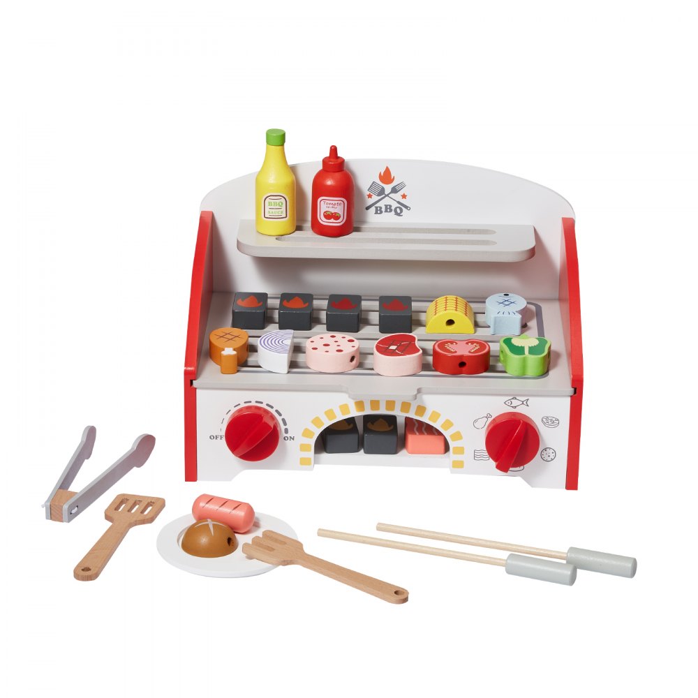VEVOR Kids BBQ Grill Playset, Wooden Grill Playset With Realistic Carbon Fire, Wooden Play Food Kitchen Accessory (26 PCS), Indoor/Outdoor Interactive Pretend Play Toys for Boys Girls Ages 3+ Gift