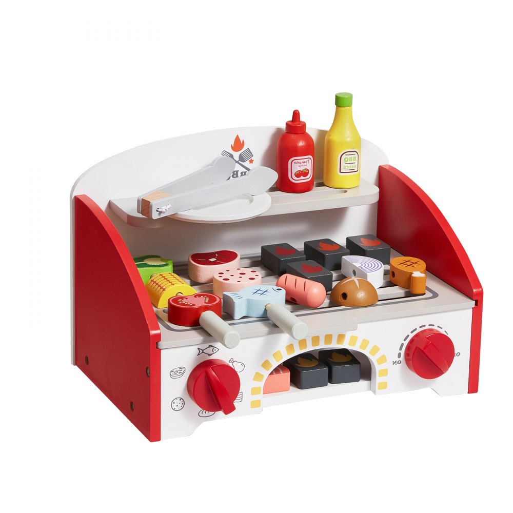VEVOR Kids BBQ Grill Playset, Wooden Grill Playset With Realistic Carbon Fire, Wooden Play Food Kitchen Accessory (26 PCS), Indoor/Outdoor Interactive Pretend Play Toys for Boys Girls Ages 3+ Gift