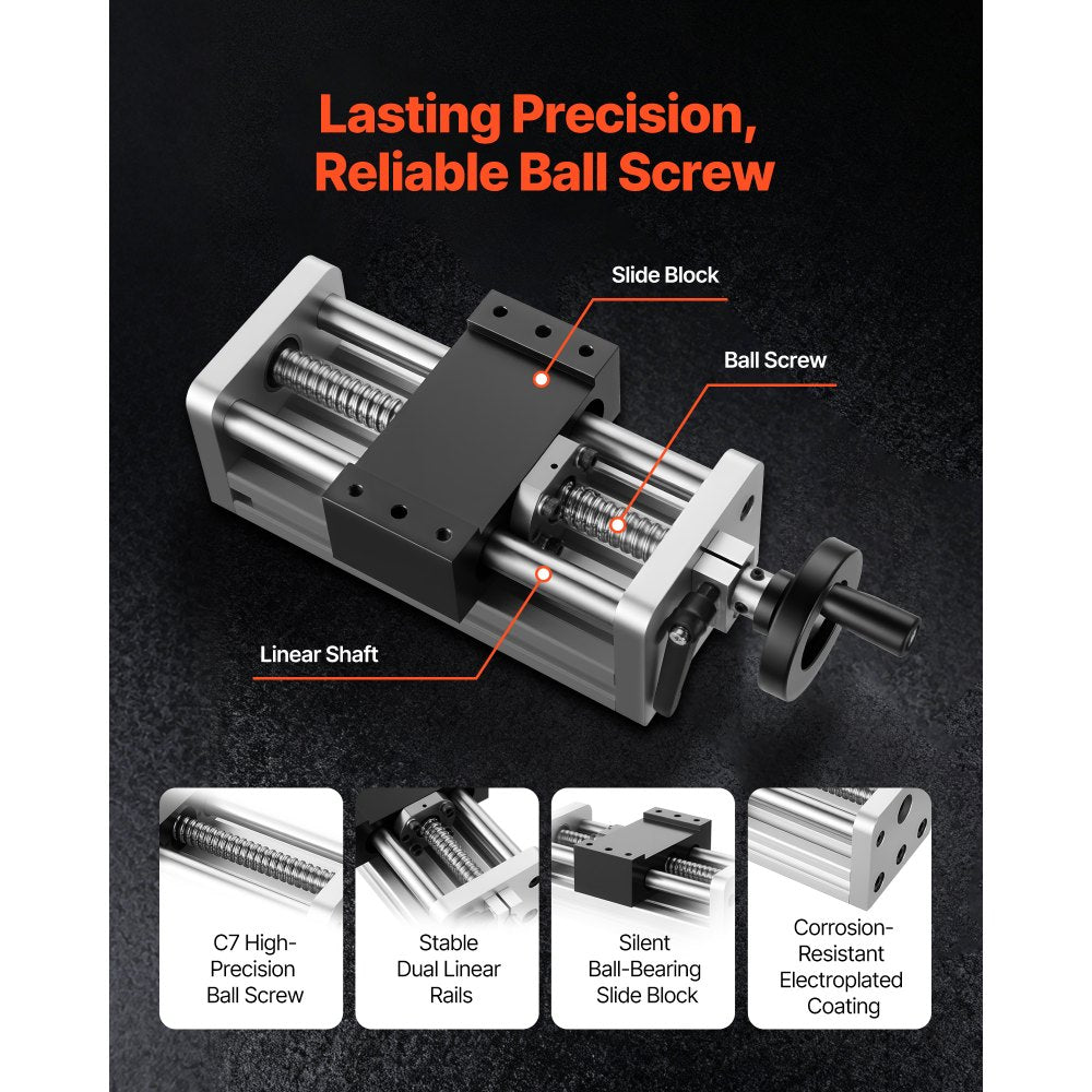 VEVOR Linear Stage Actuator, 100 mm Effective Stroke, Ball Screw CNC Linear Motion Guide Rail, Double Optical Axis, C7 High-Precision, Bearing Slide Block, Manual Handwheel, for CNC Router X Y Z Axis