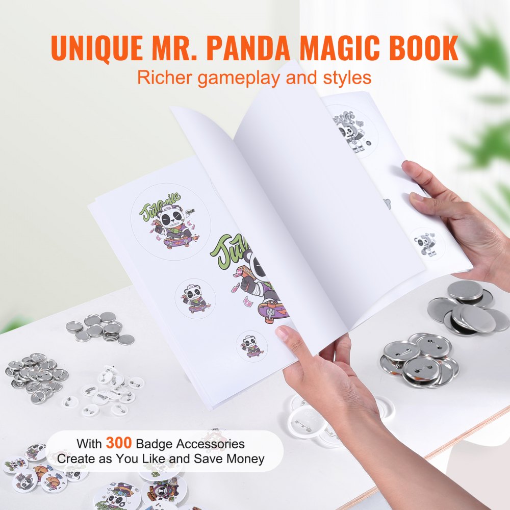 VEVOR Button Maker, 1/1.25/2.28 inch(25/32/58mm) 3-IN-1 Pin Maker, with 300pcs Button Parts, Button Maker Machine with Panda Magic Book, Ergonomic Arc Handle Punch Press Kit, For Children DIY Gifts