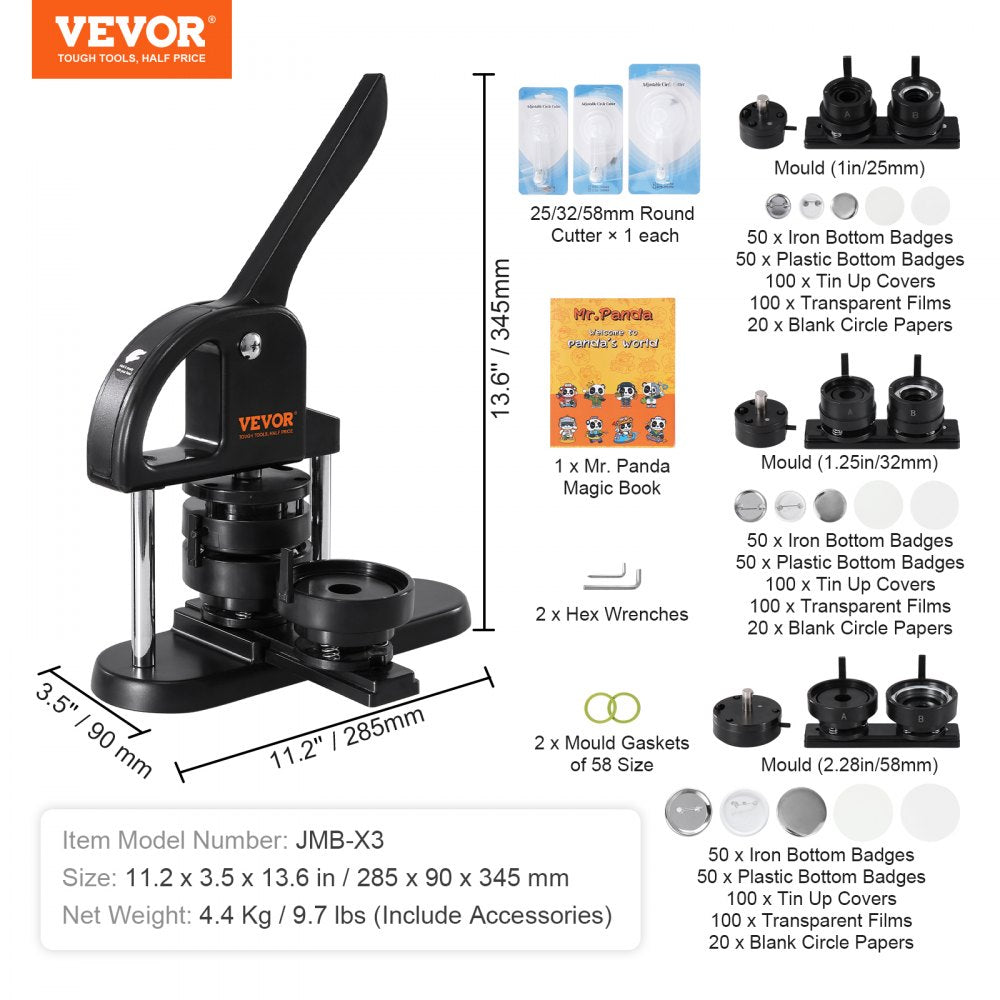 VEVOR Button Maker, 1/1.25/2.28 inch(25/32/58mm) 3-IN-1 Pin Maker, with 300pcs Button Parts, Button Maker Machine with Panda Magic Book, Ergonomic Arc Handle Punch Press Kit, For Children DIY Gifts