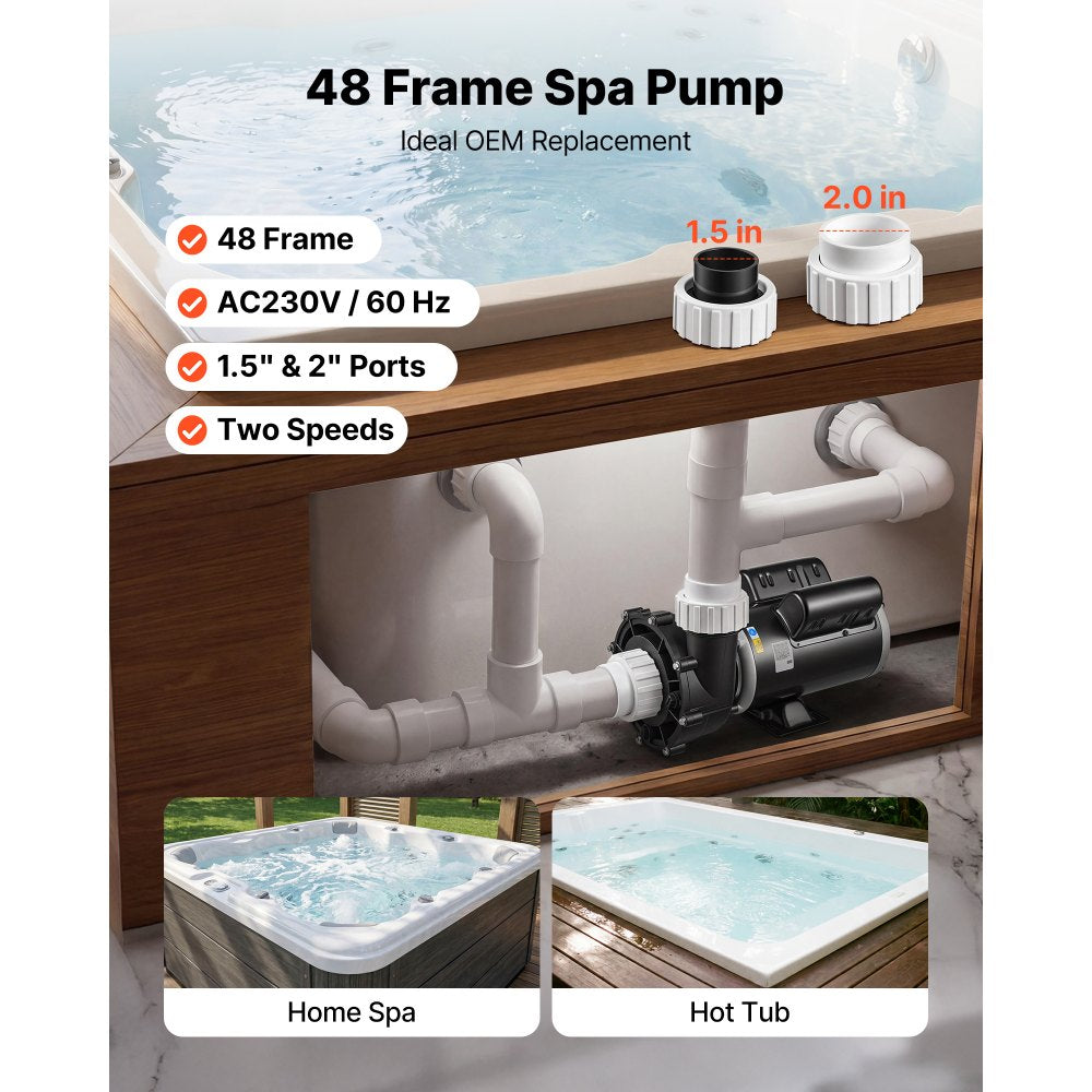 VEVOR SPA Pump 3HP Hot Tub Pump 2 Speed 48 Frame with 1.5" & 2" Port, 230V, 190 GPM High Speed & 90 GPM Low Speed, 90° Rotational Interface, SPA Bath Water Circulation, Compatible with OEM Models