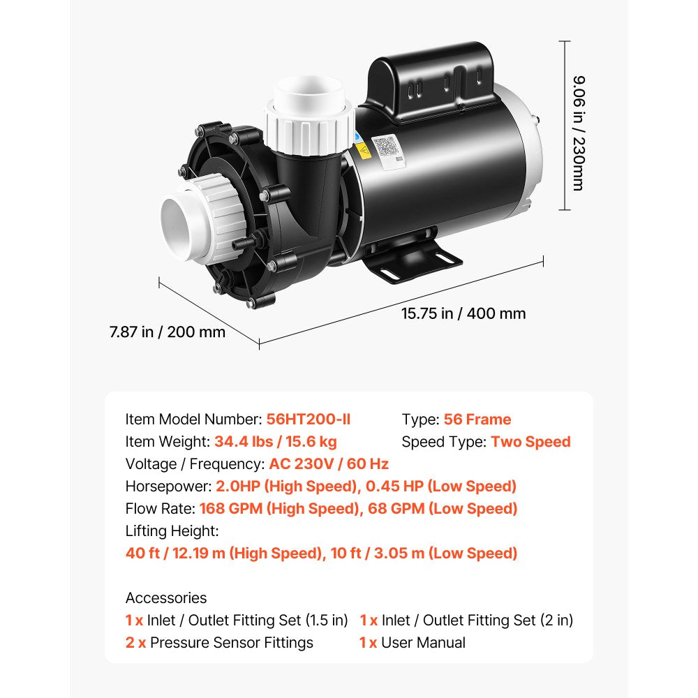 VEVOR SPA Pump 2HP Hot Tub Pump 2 Speed 56 Frame with 1.5" & 2" Port, 230V, 168 GPM High Speed & 68 GPM Low Speed, 90° Rotational Interface, SPA Bath Water Circulation, Compatible with OEM Models