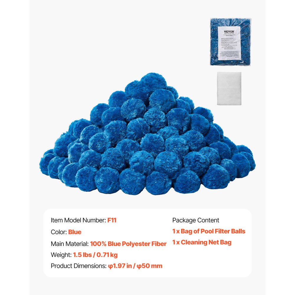 VEVOR Pool Filter Balls for Sand Filter, 1.5 lbs, Filter Balls Replace Pool Filter Sand, Reusable Blue Polyester Fiber Filter Media with Wash Bag, for Swimming Pool Aquarium Tank Above Ground Pool