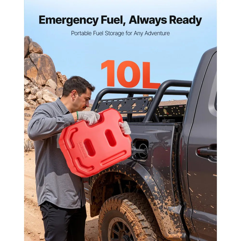 VEVOR Fuel Container, 2.6 Gallon, Gas Can with Spout and Lockable Bracket, 15 L/min Max Flow Rate, Secure & Leak-proof, Portable Flat Fluid Container for Most Cars Motorcycle ATV UTV, Red