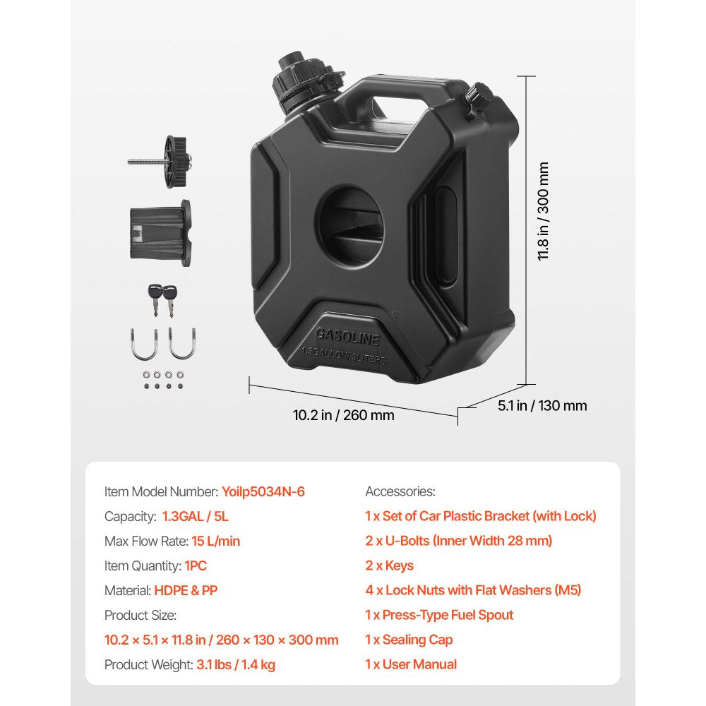 VEVOR Fuel Container, 1.3 Gallon, Gas Can with Spout and Lockable Bracket, 15 L/min Max Flow Rate, Secure & Leak-proof, Portable Flat Fluid Container for Most Cars Motorcycle ATV UTV, Black
