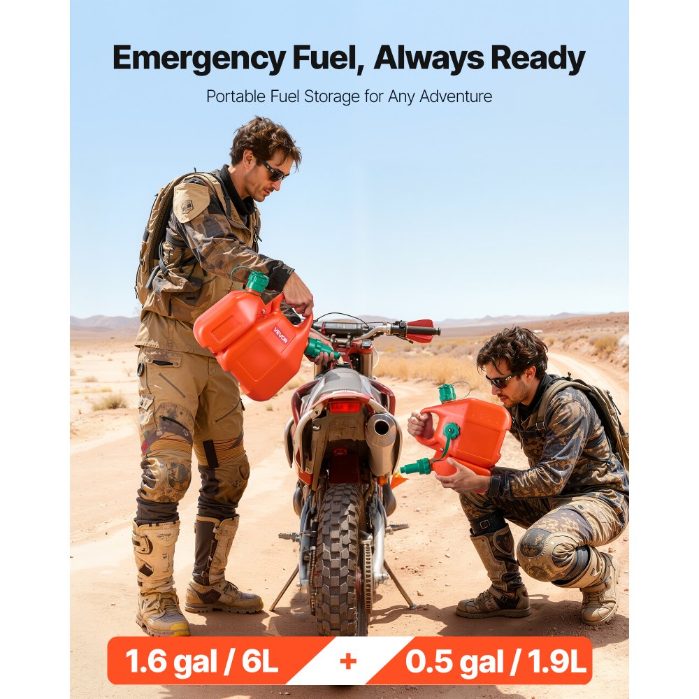 VEVOR Fuel Container, 1.6 Gallon, Fuel Tank with Spout & 0.5 Gallon Extra Oil Container, 5.5 L/min Max Flow Rate, Leak-proof and Portable Flat Fluid Container for Most Cars Motorcycle ATV UTV