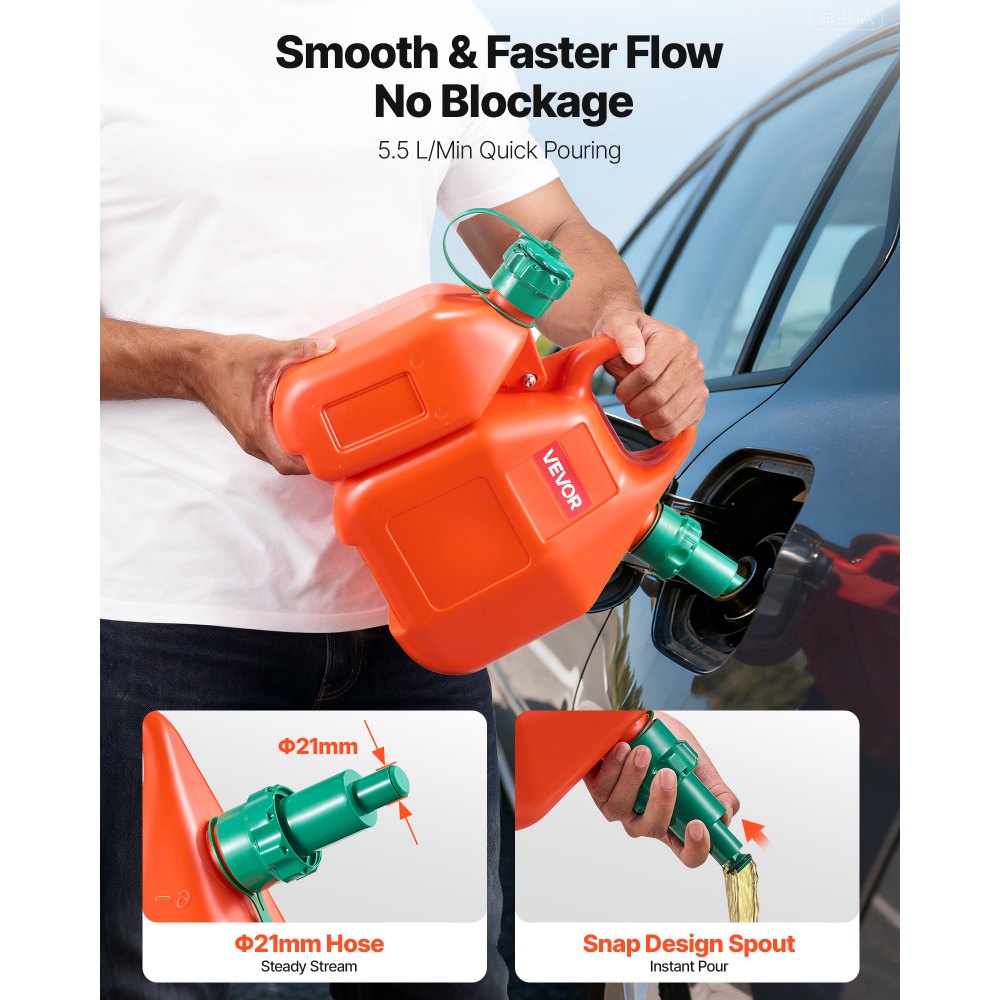 VEVOR Fuel Container, 1.6 Gallon, Fuel Tank with Spout & 0.5 Gallon Extra Oil Container, 5.5 L/min Max Flow Rate, Leak-proof and Portable Flat Fluid Container for Most Cars Motorcycle ATV UTV