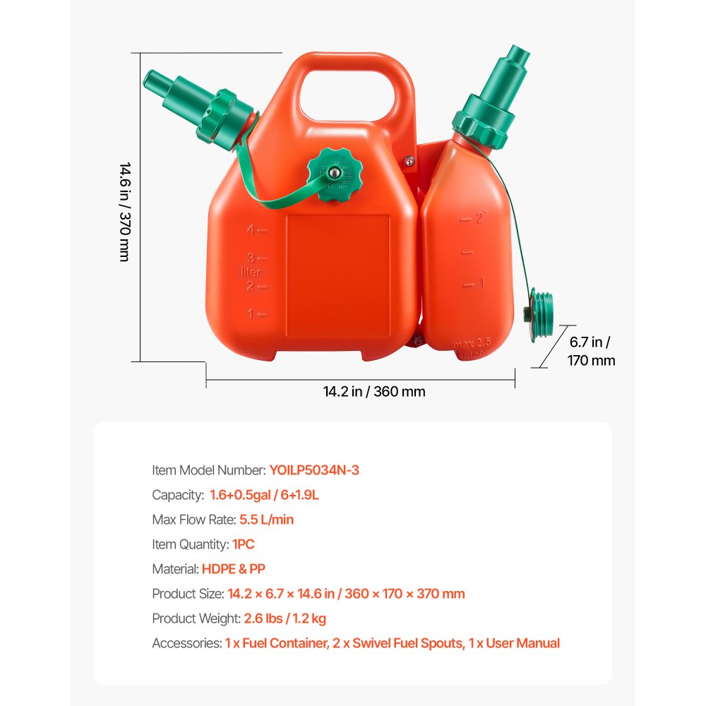 VEVOR Fuel Container, 1.6 Gallon, Fuel Tank with Spout & 0.5 Gallon Extra Oil Container, 5.5 L/min Max Flow Rate, Leak-proof and Portable Flat Fluid Container for Most Cars Motorcycle ATV UTV