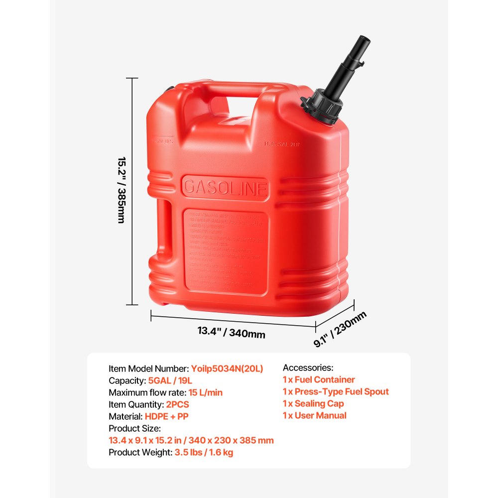 VEVOR Fuel Container, 5 Gallon, Gas Tank with Spout & Clear Scale, 15 L/min Max Flow Rate, Secure & Leak-proof, Portable Flat Fluid Container for Most Cars Motorcycle ATV UTV, Red, 2 Packs