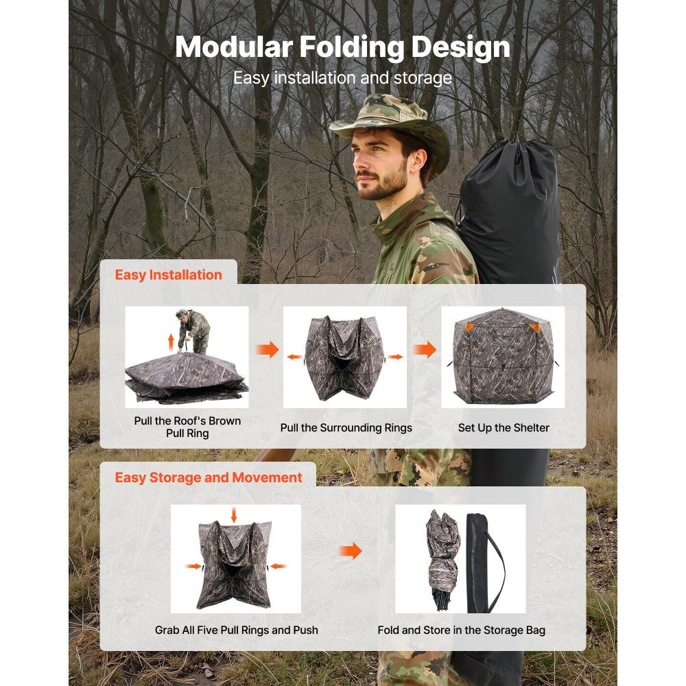 VEVOR Hunting Blind, 6-7 Person, 288 Degree 5 Side See-Through Ground Blinds with Carrying Bag, Portable Camouflage Tent, Durable Concealed Shelter with Silent Zipper Door and Window, for Turkey Deer