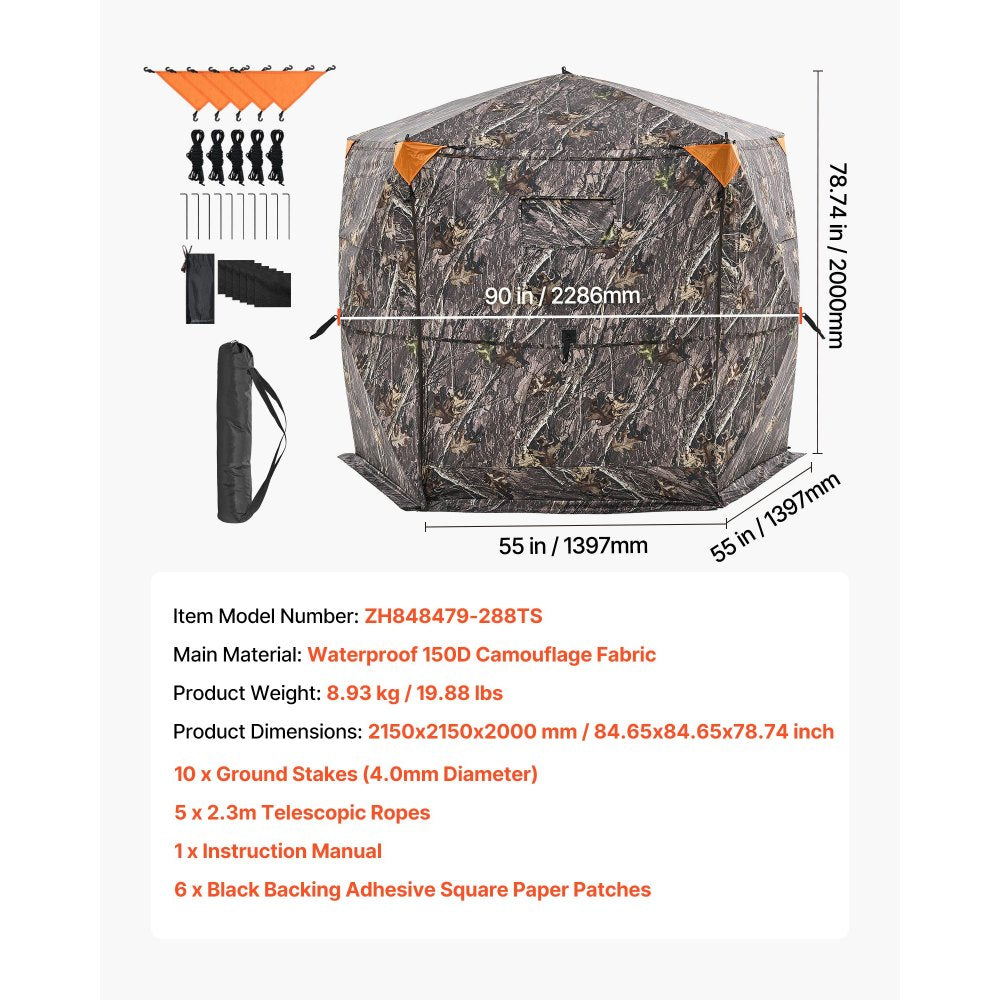 VEVOR Hunting Blind, 6-7 Person, 288 Degree 5 Side See-Through Ground Blinds with Carrying Bag, Portable Camouflage Tent, Durable Concealed Shelter with Silent Zipper Door and Window, for Turkey Deer