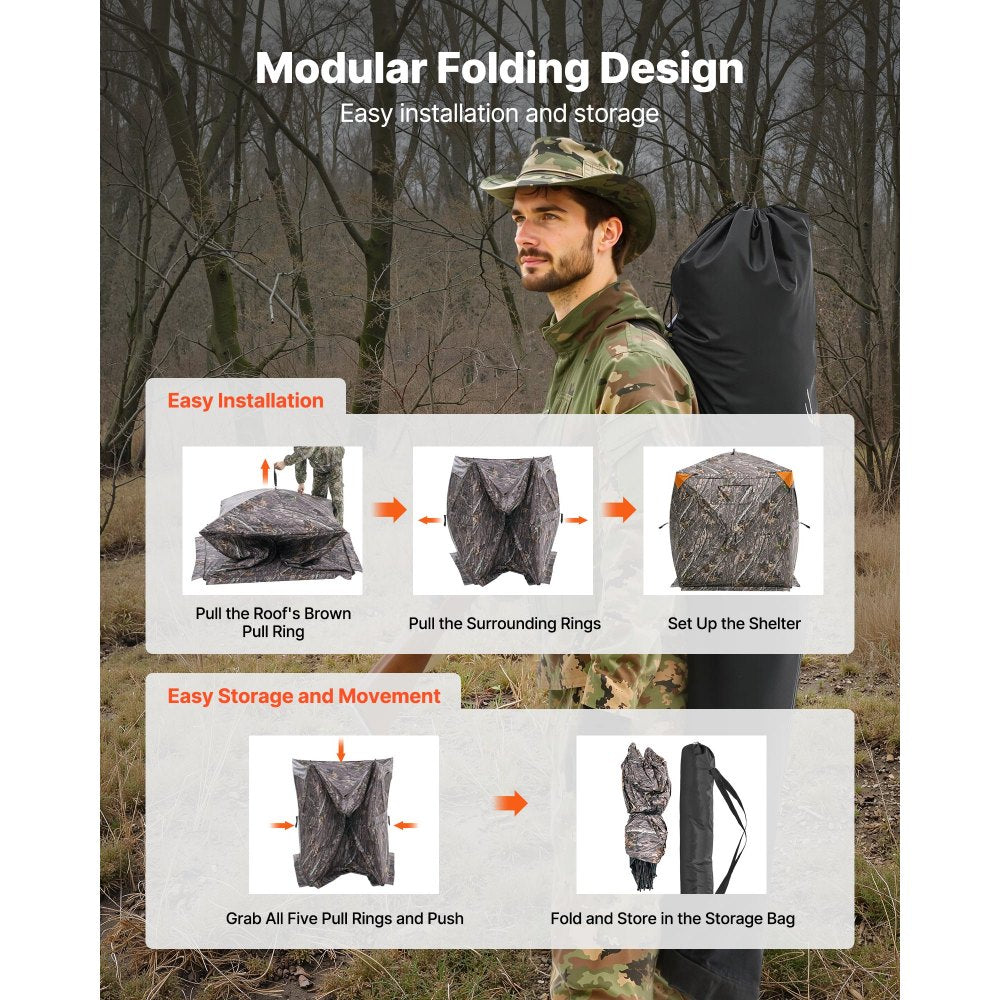 VEVOR Hunting Blind, 270° Ground Blind, 1-2 Person Pop Up Deer Blind for Hunting with Carrying Bag, Portable Resilient Hunting Tent, 3 Horizontal Windows for Turkey and Deer Hunting