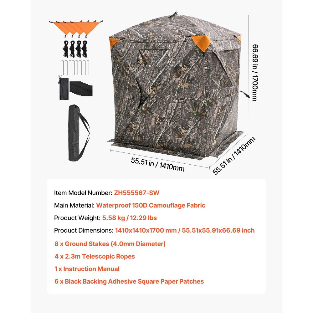 VEVOR Hunting Blind, 270° Ground Blind, 1-2 Person Pop Up Deer Blind for Hunting with Carrying Bag, Portable Resilient Hunting Tent, 3 Horizontal Windows for Turkey and Deer Hunting