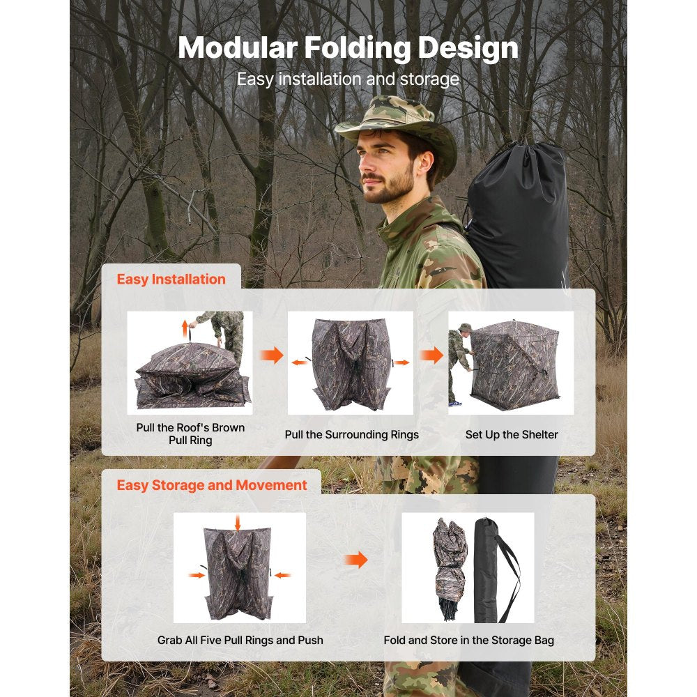 VEVOR Hunting Blind, 270° See Through Ground Blind, 1-2 Person Pop Up Deer Blind for Hunting with Carrying Bag, Portable Resilient Hunting Tent, One-Way See-Through Mesh for Turkey and Deer Hunting
