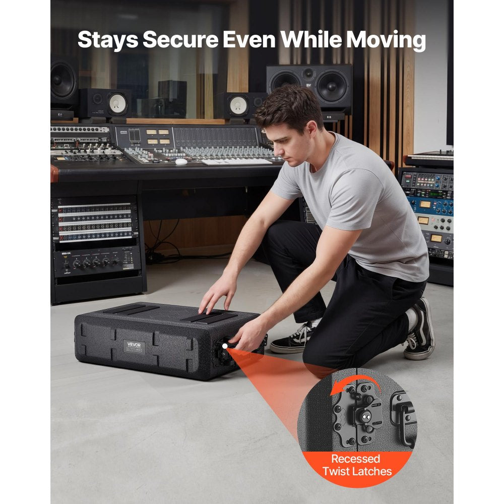 VEVOR 2U Rack Case, 12 in Depth, Rackmount Flight Case Shallow Rack with Microphone Compartment, Polyethylene Construction, Recessed Latches, Easy Installation, for Amplifier, 8.7 in Internal Depth