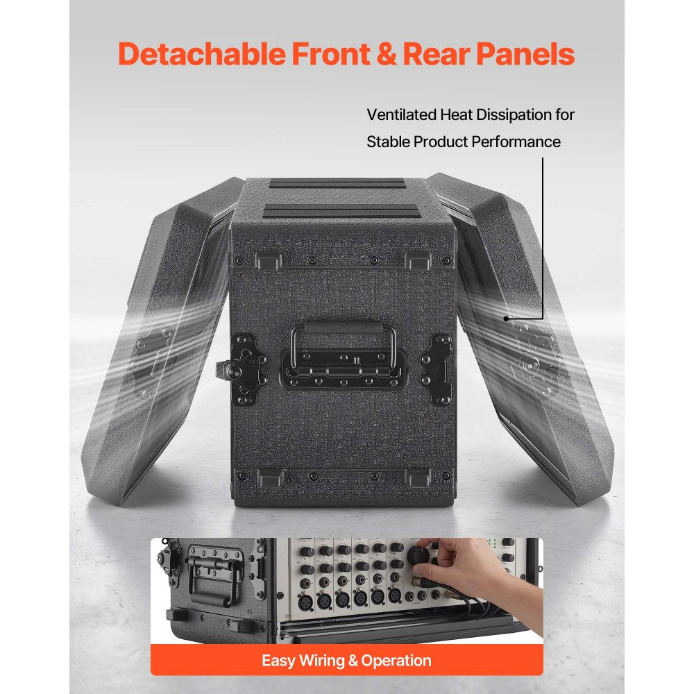 VEVOR 6U Rack Case, 12 in Depth, Rackmount Flight Case Shallow Rack with Microphone Compartment, Polyethylene Construction, Recessed Latches, Easy Installation, for Amplifier, 8.7 in Internal Depth