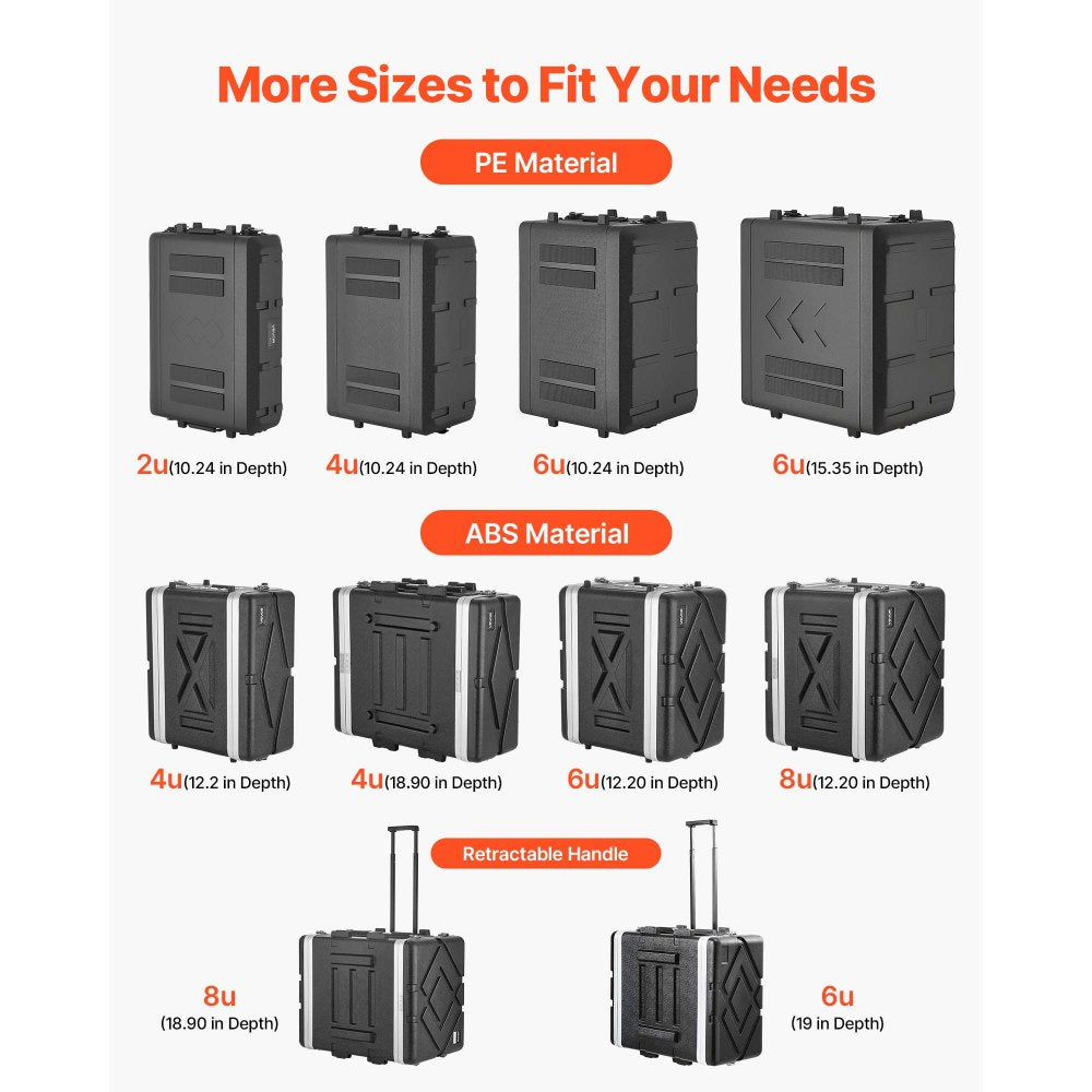VEVOR 6U Rack Case, 12 in Depth, Rackmount Flight Case Shallow Rack with Microphone Compartment, Polyethylene Construction, Recessed Latches, Easy Installation, for Amplifier, 8.7 in Internal Depth