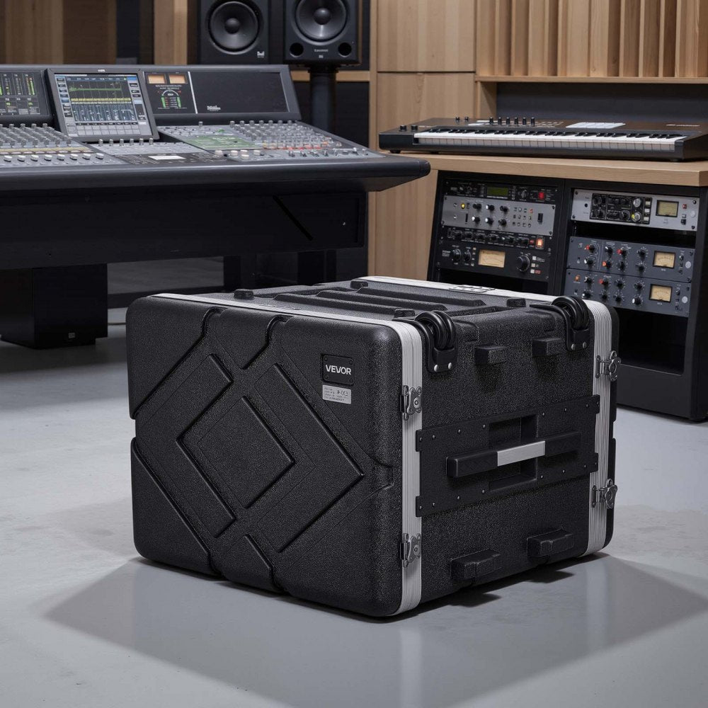 VEVOR 8U Rack Case, Standard 19 in Depth, Rolling Server Cabinet with Wheels, ABS Construction, Retractable Handle, Latches, for Amplifier (7U Rack Space + 1U Wheel Space), 18.4 in Internal Depth