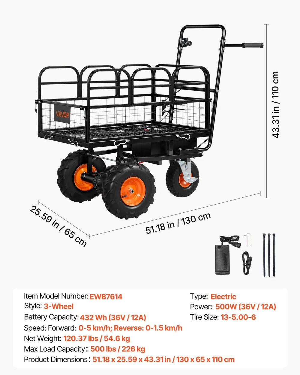 VEVOR Electric Utility Cart, 36V 432Wh Battery Powered Electric Wagon, 500W Power Wheelbarrow with Brake, 500 lbs Load Heavy Duty Steel Garden Cart for Farm and Yard All Purpose Modular Cargo Bed